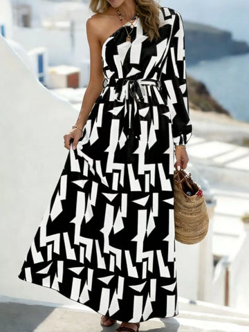One-Shoulder Geometric Print Maxi Dress with Waist Tie