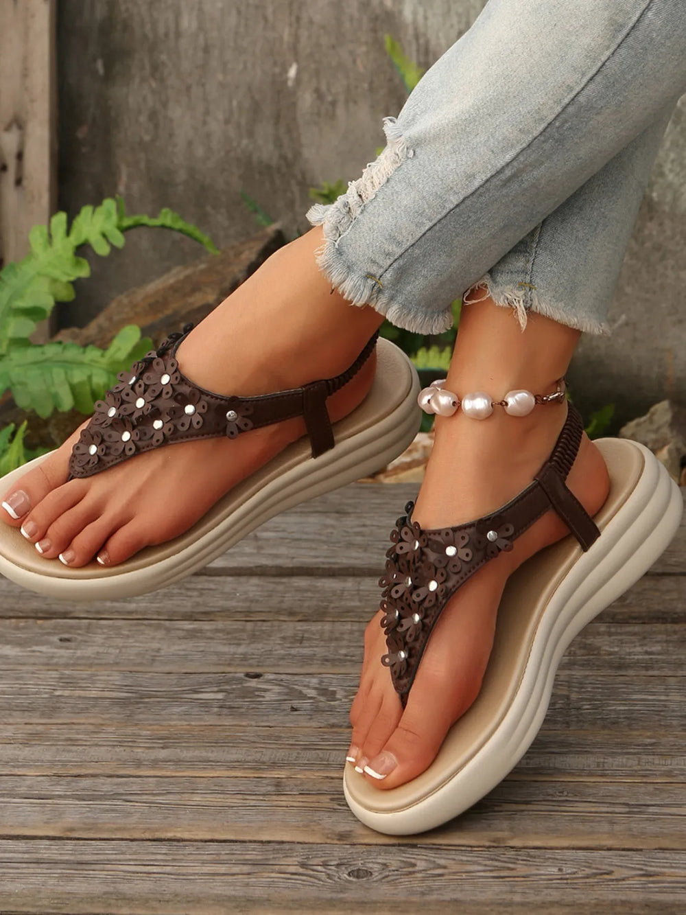 Studded T Strap Wedge Sandals