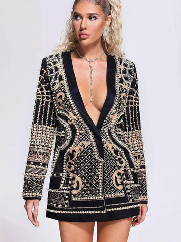 Full Size Embellished Pearl One-Button Blazer Plus Size