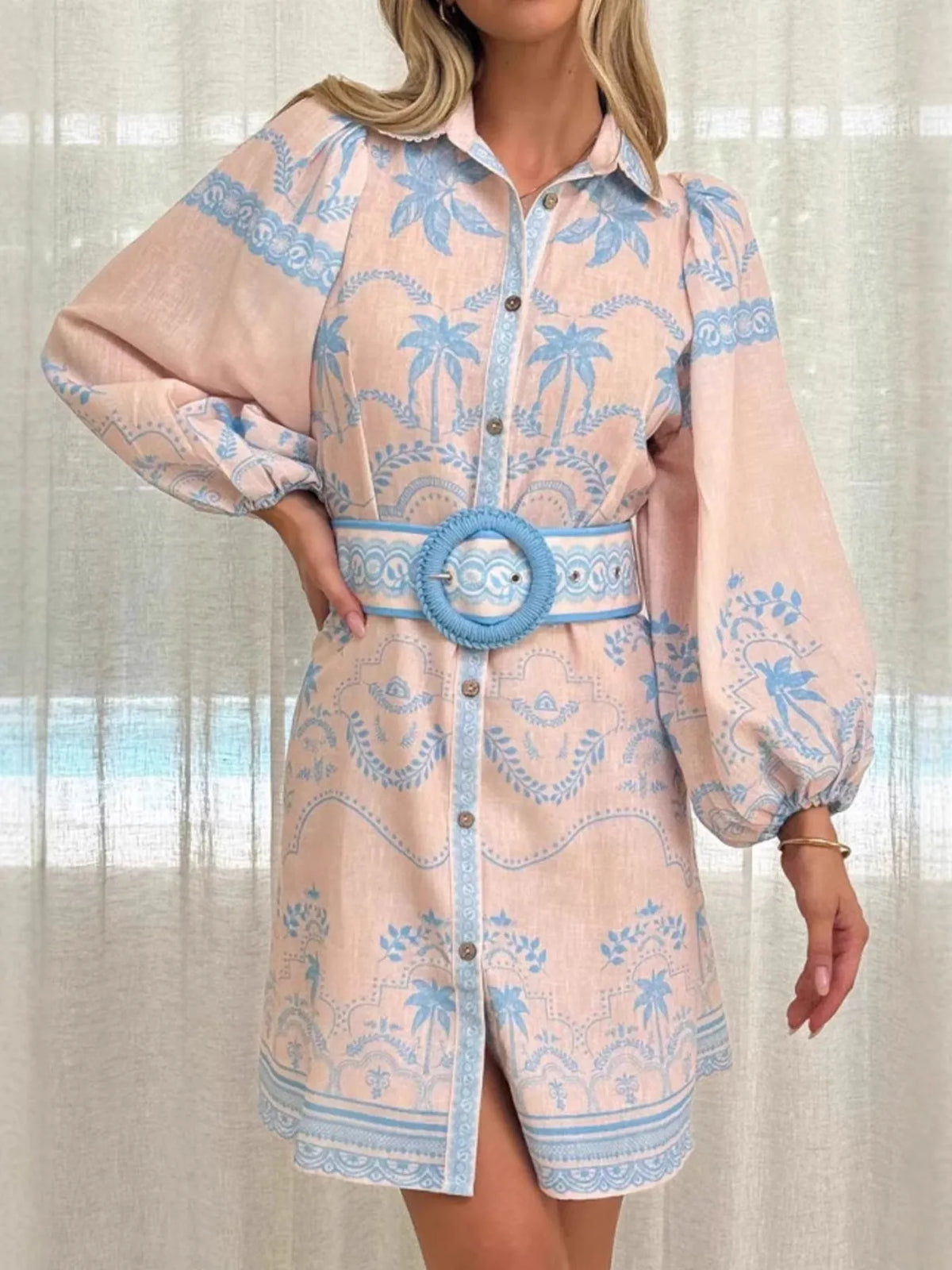 Printed Button Front Shirt Dress with Belt