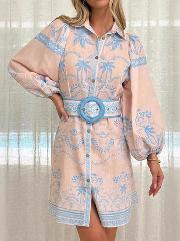 Printed Button Front Shirt Dress with Belt