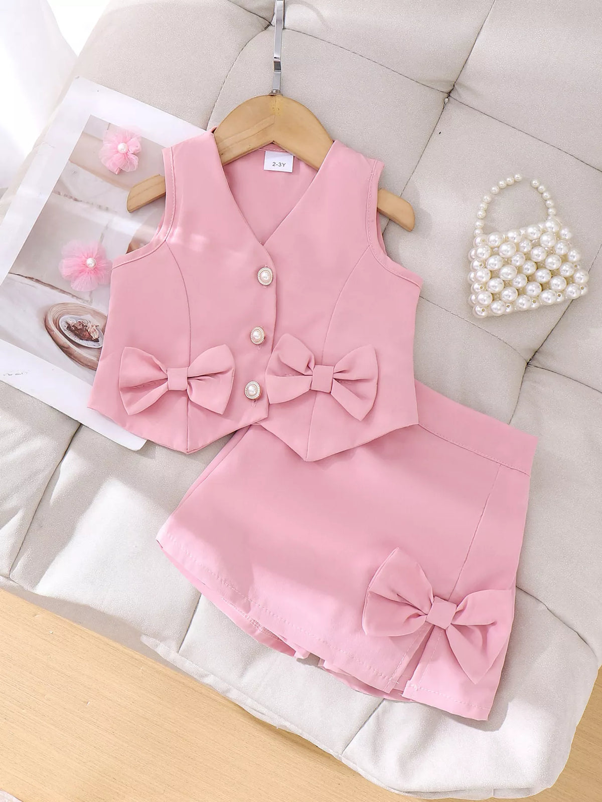 Children's Bow Button Up Vest and Skirt Set