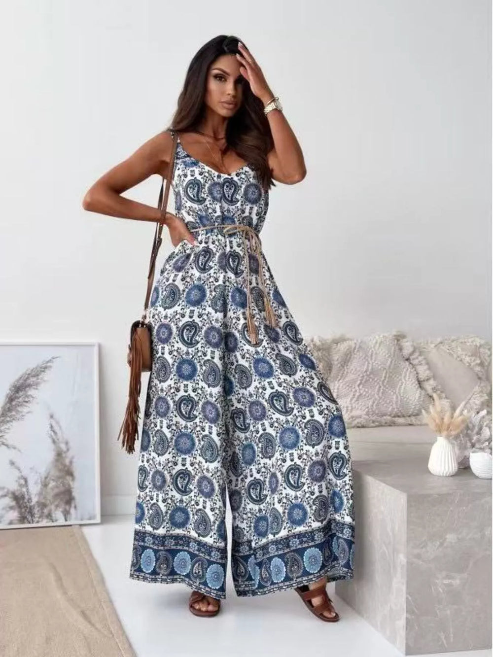Printed Spaghetti Strap Wide Leg Jumpsuit