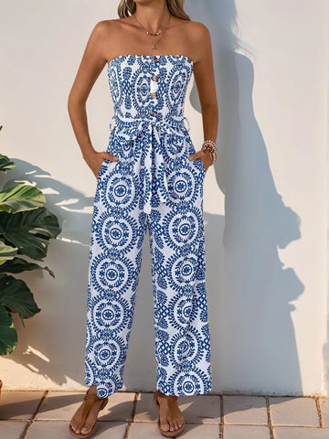 Perfee Smocked Tube Wide Leg Jumpsuit