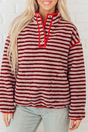 Striped Fuzzy Colorblock Button Placket Sweatshirt