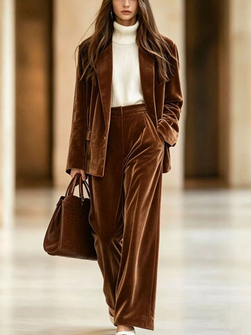 Velvet Blazer and Wide-Leg Pants Two-Piece Set