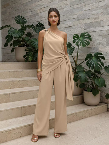 One-Shoulder Tie-Waist Top and Wide-Leg Pants Set