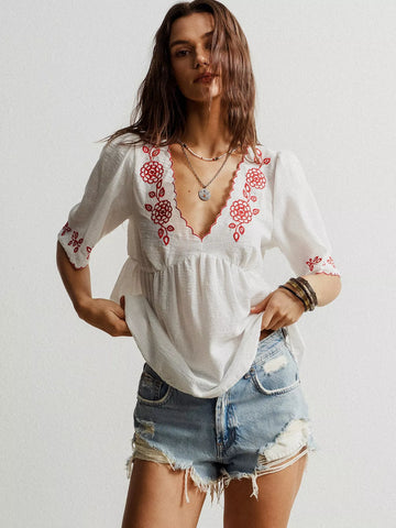 Embroidered Floral V Neck Blouse