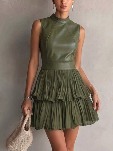 Sleeveless Faux Leather Layered Pleated Mini Dress