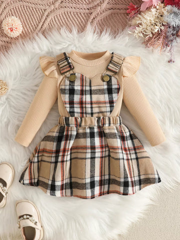 Children's Plaid Suspender Skirt Set with Ribbed Long Sleeve Top