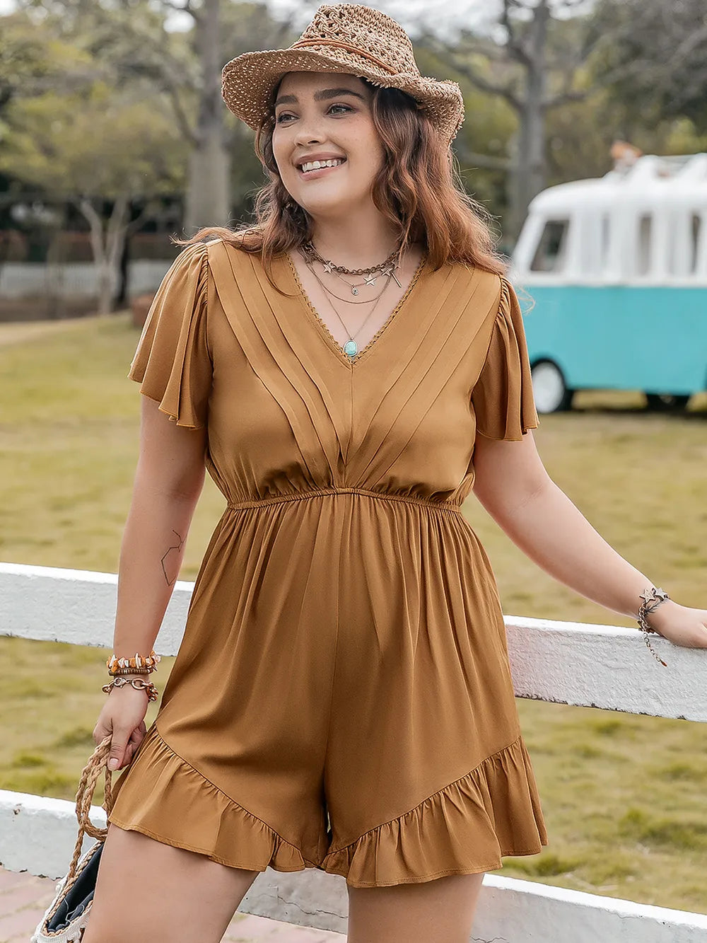 Plus Size Ruffled V Neck Short Sleeve Romper