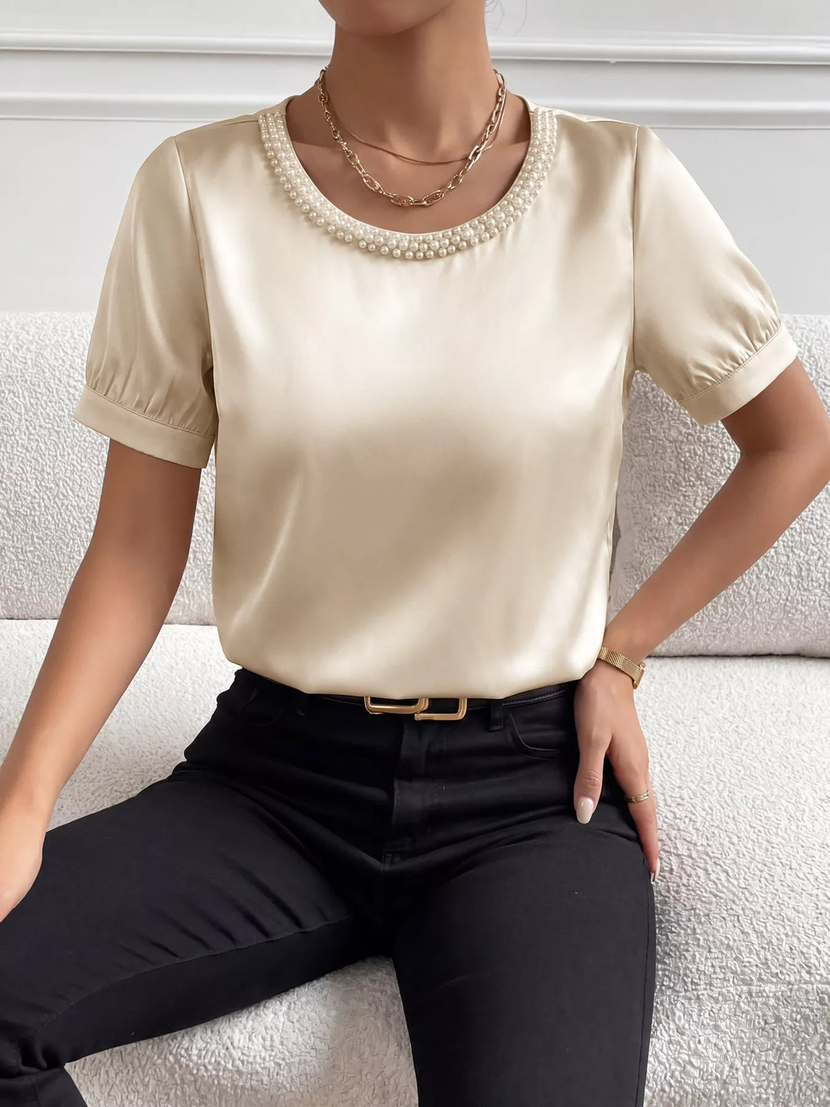 Pearl-Trim Satin Bodysuit