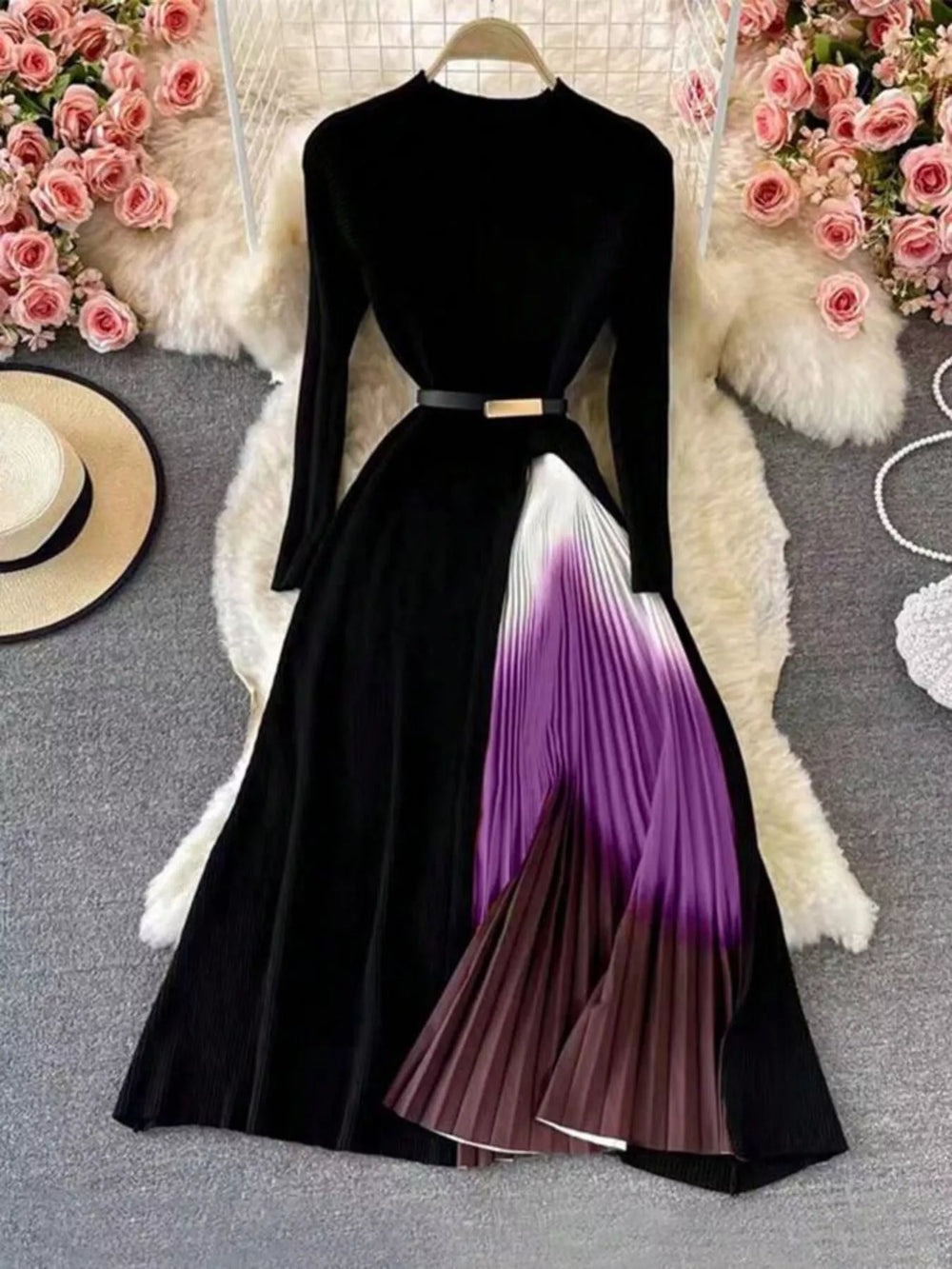 Long-Sleeve Pleated Gradient Hem Dress