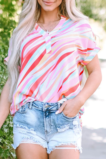 Color Block V Neck Half Sleeve Blouse
