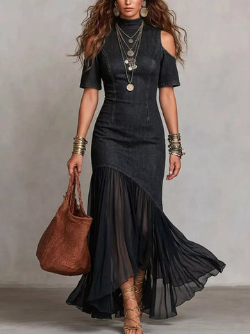 Cold Shoulder Ruffle Hem Maxi Dress