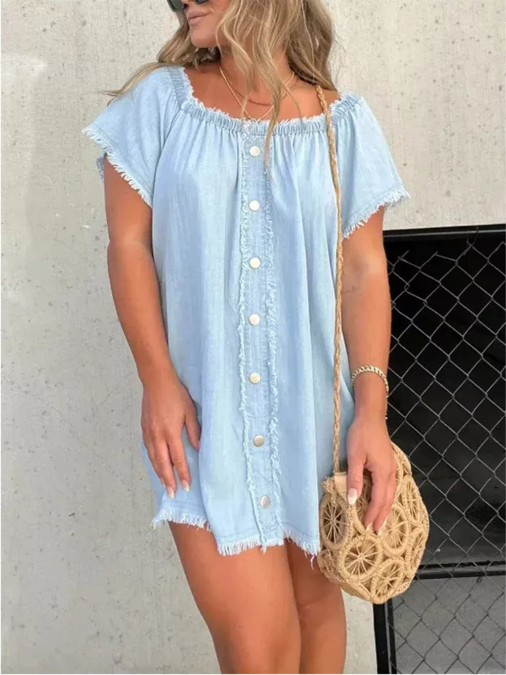 Full Size Off Shoulder Button Down Frayed Denim Dress Plus Size