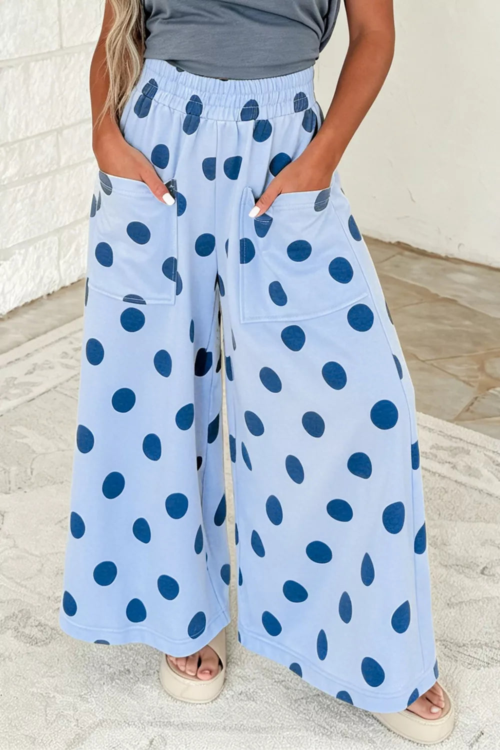 Polka Dot Wide Leg Elastic Waist Casual Pants
