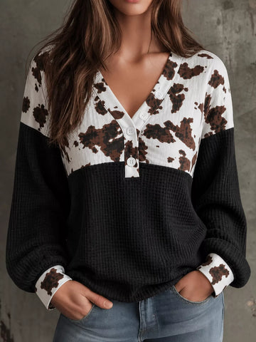 Cow Print Color Block Waffle Knit Blouse