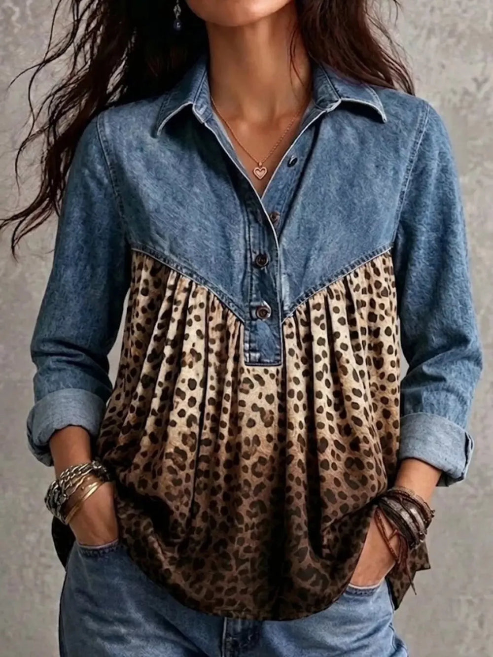Full Size Leopard Button Detail Blouse Plus Size