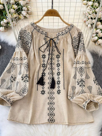 Bohemian Embroidered Blouse with Tassel Tie