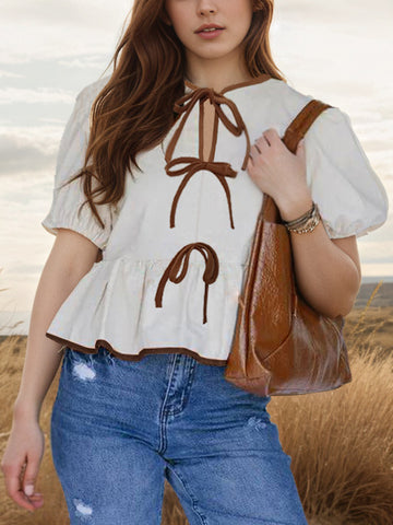 Tie Front Puff Sleeve Peplum Blouse