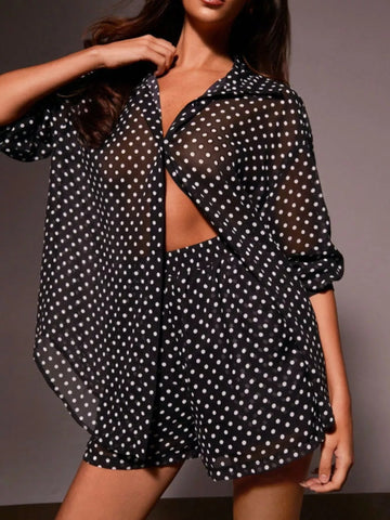 Polka Dot Button Up Shirt and Shorts Set