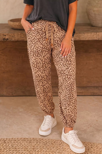 Leopard Print Drawstring Waist Patch Pockets Pants
