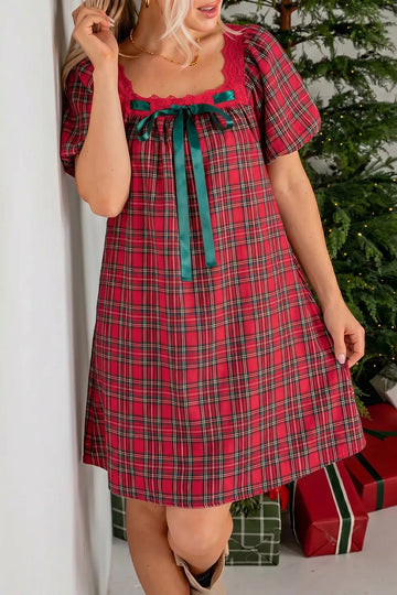 Plaid Square Collar Lace Trim Short Sleeve Shift Mini Dress