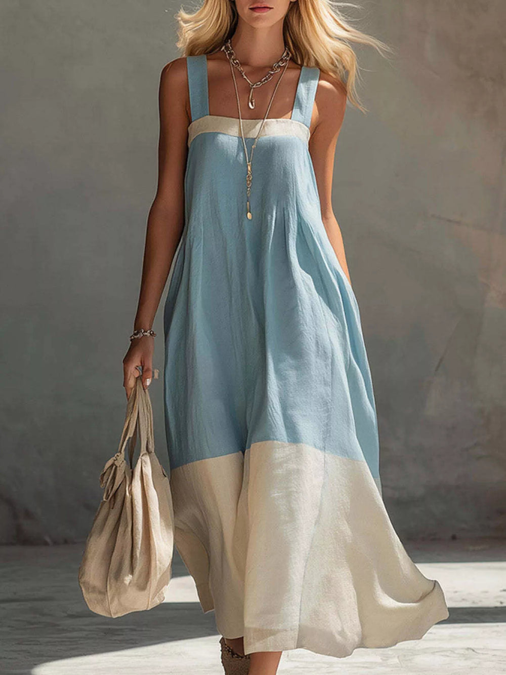 Color-Block Sleeveless Linen-Blend Midi Dress
