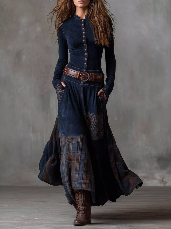 Full Size Plaid Button Front Long Sleeve Dress Plus Size