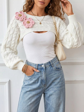 Floral Applique Cable Knit Cover Up