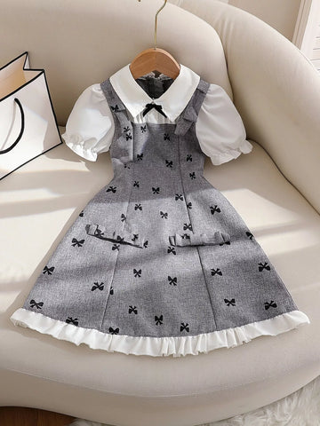 Children's Bow Print Puff Sleeve Dress