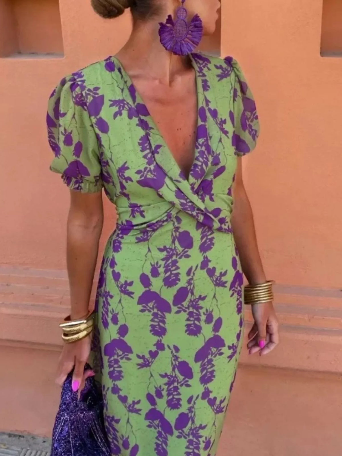 Full Size V-Neck Puff Sleeve Floral Print Dress Plus Size