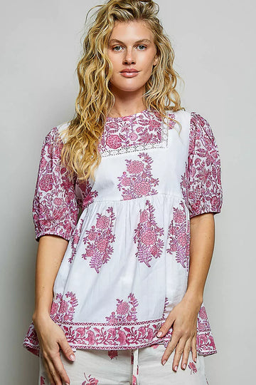 POL Vintage Hand Block Print Floral Woven Blouse