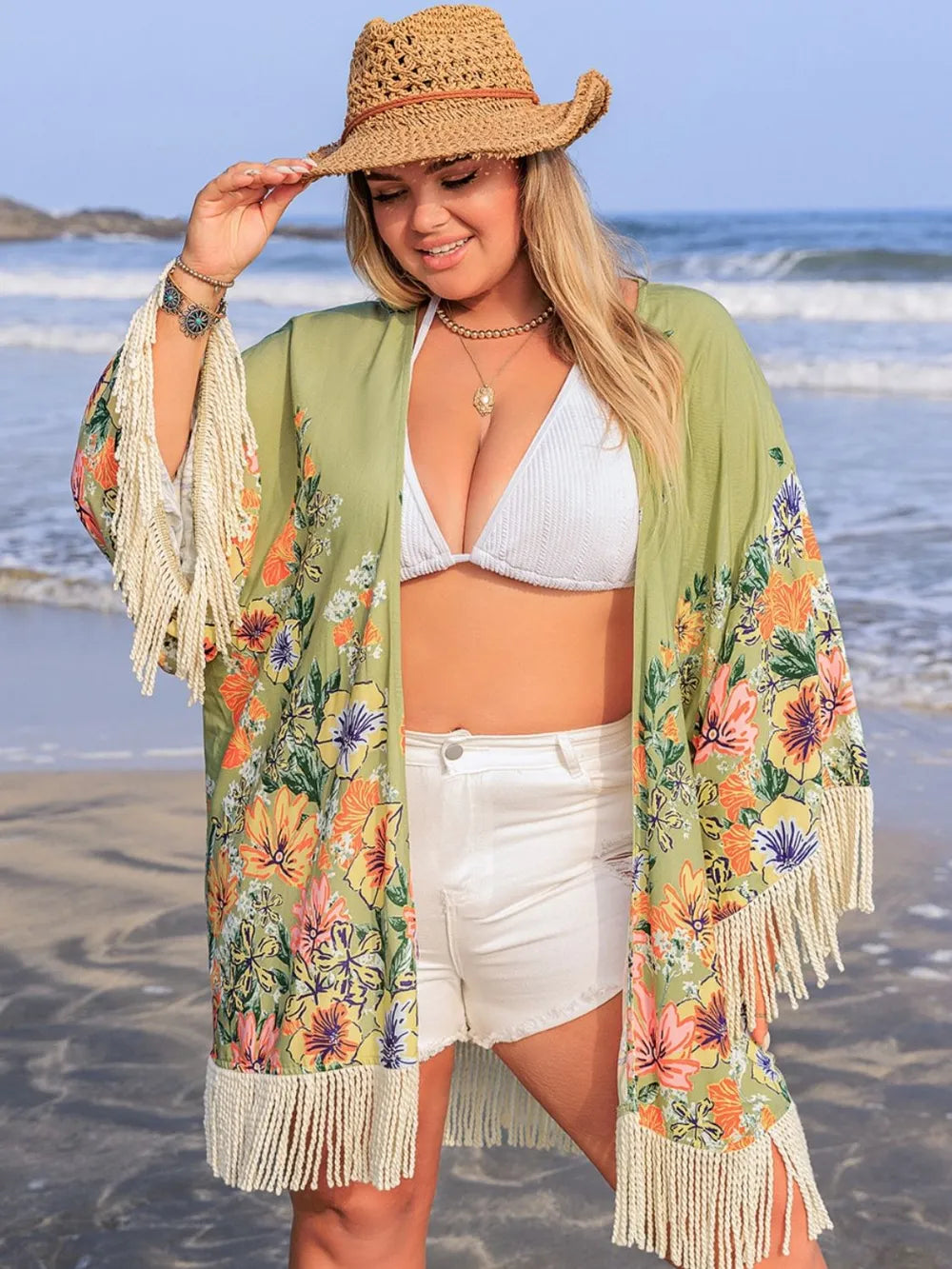 Plus Size Fringe Open Front Cover Up
