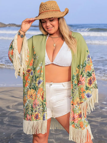 Plus Size Fringe Open Front Cover Up