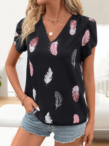 Perfee Printed V Neck Short Sleeve Blouse