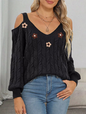 Floral Applique Cold Shoulder Cable Knit Sweater