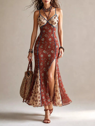 Floral Print Spaghetti Strap Maxi Dress with High Slit