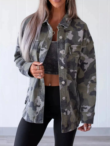 Camouflage Print Button Up Denim Jacket