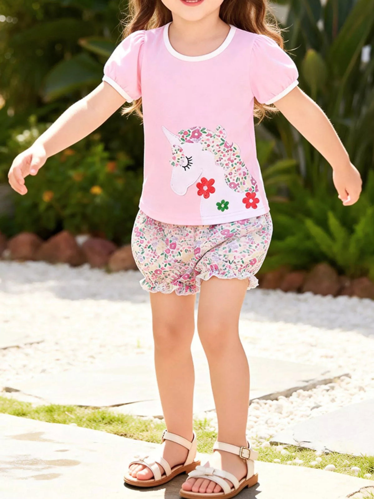 Children's Floral Unicorn Top and Shorts Set
