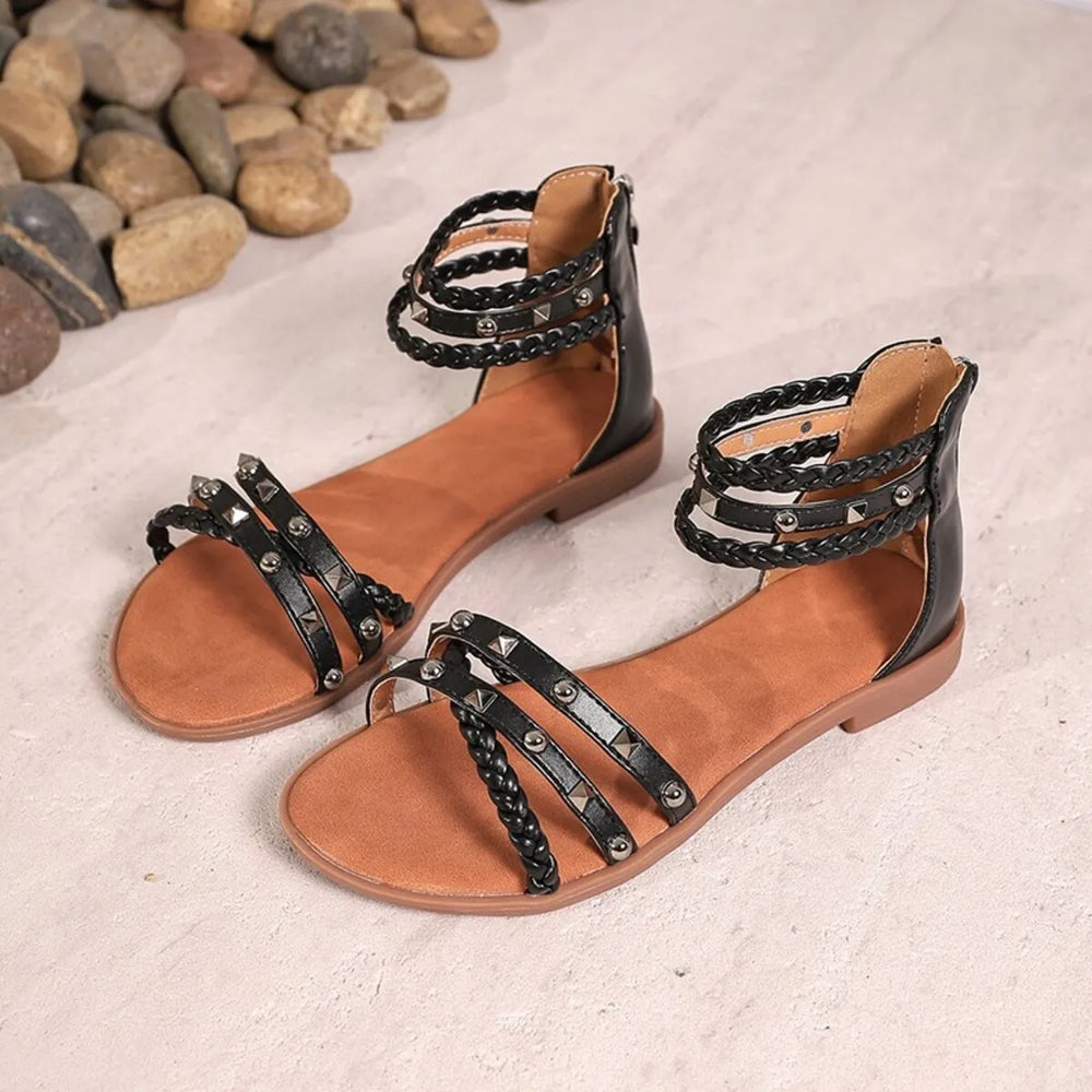Braided Ankle Strap Studded Sandals