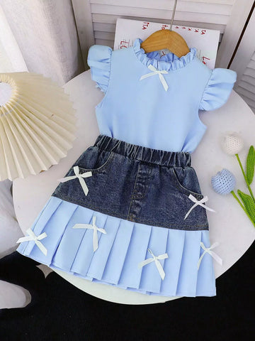 Children's Ruffled Top & Denim Patchwork Pleated Skirt Set