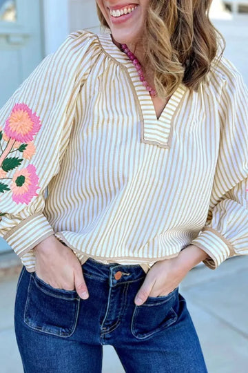 Striped V Neck Floral Embroidered Blouse