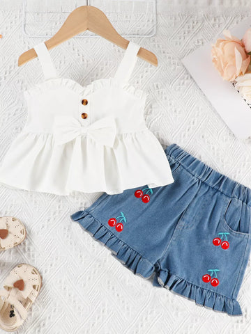 Children's Ruffle Trim Top & Denim Shorts Set