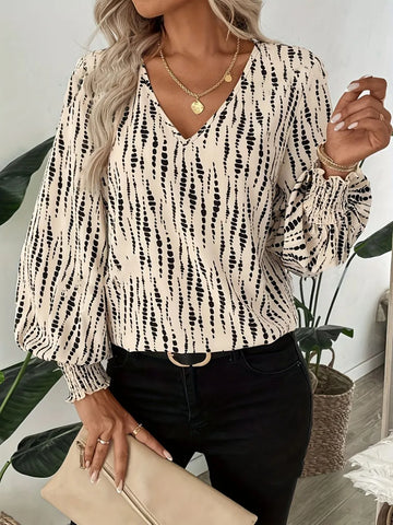 Printed V Neck Lantern Sleeve Blouse
