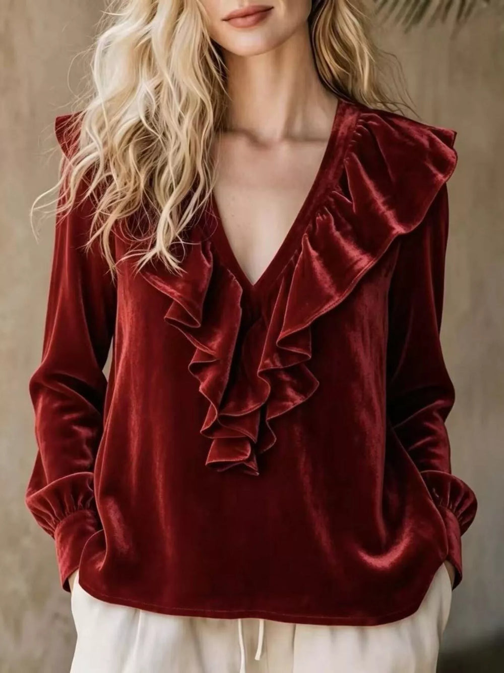 Full Size Ruffled V Neck Long Sleeve Blouse Plus Size