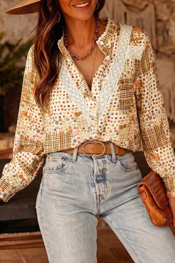 Floral Lace Trim Button Down Long Sleeve Shirt
