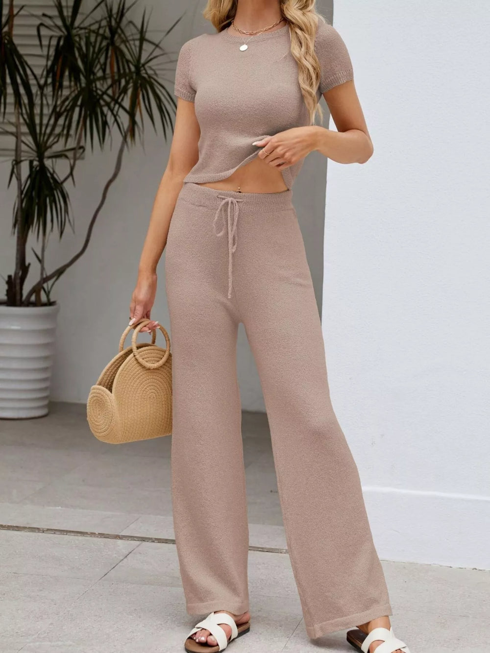 Solid Color Knit Short Sleeve Top and Wide Leg Pants Set