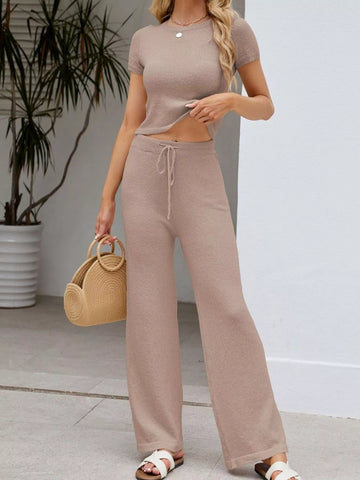 Solid Color Knit Short Sleeve Top and Wide Leg Pants Set